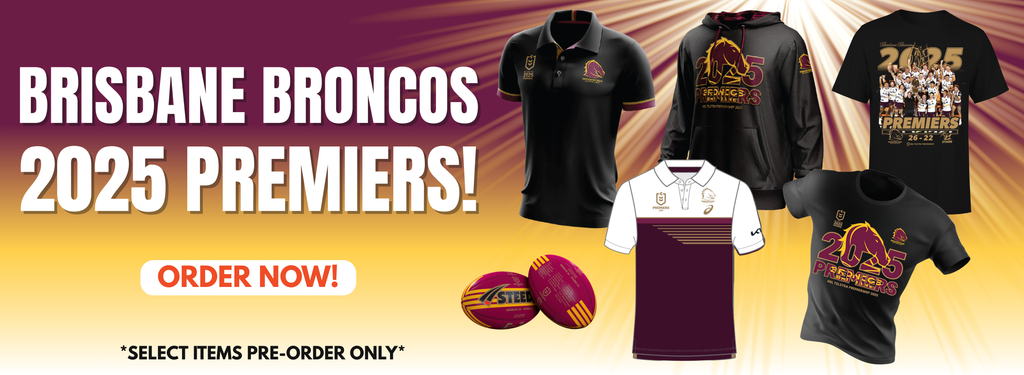Promotional banner for Brisbane Broncos 2025 Premiership merchandise with jerseys, shirts, and ball.