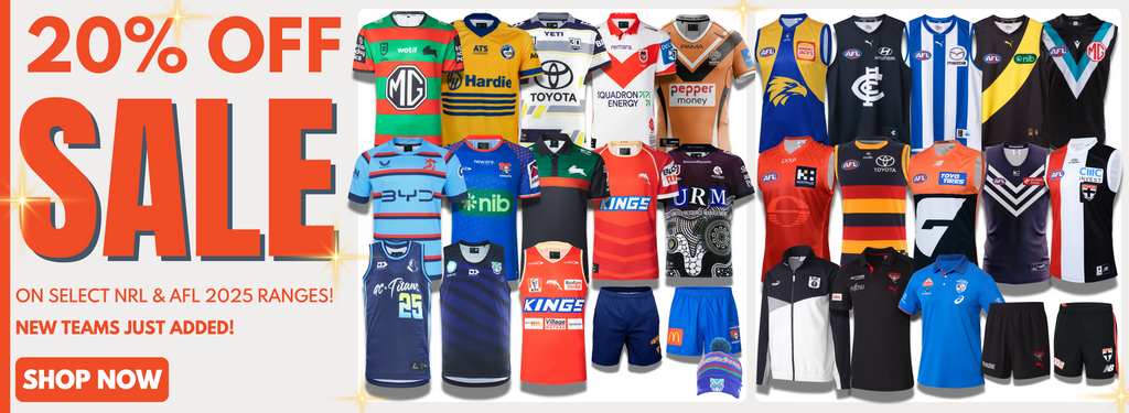 A RANGE OF NLR & AFL 2025 MERCHANDISE THAT IS ON SALE FOR 20% OFF