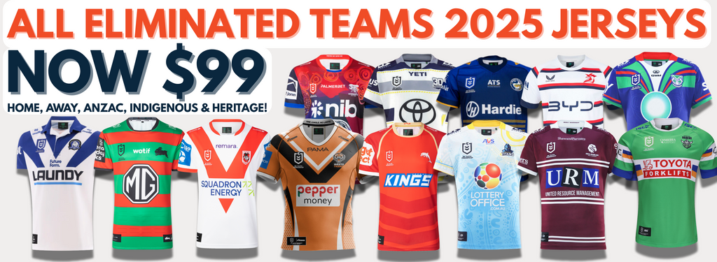 $99 JERSEYS BANNER FEATURING JERSEYS FROM AN ARRAY OF NRL TEAMS