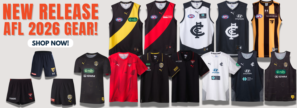 Promotional Banner featuring new release AFL 2026 merchandise for a range of teams