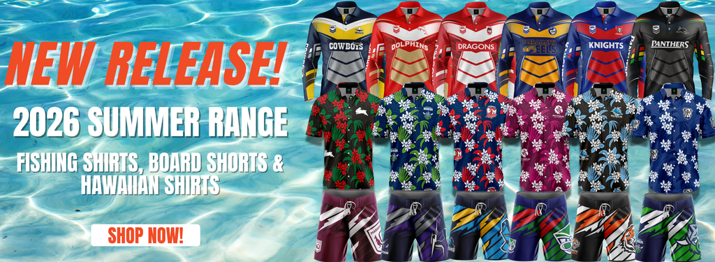 NEW RELEASE NRL FISHING SHIRTS, HAWAIIAN SHIRTS & BOARD SHORTS PROMOTIONAL BANNER