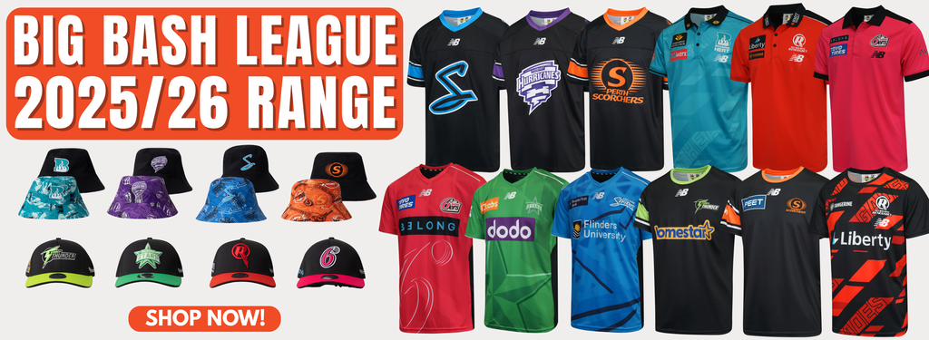 Cricket Big Bash League 2025/26 range promotional banner. Includes gridiron jersey, polos, playing tees, warm tees and headwear for each team