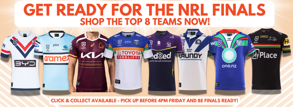 Promotional banner for NRL finals with team jerseys displayed.