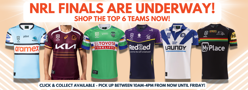 Promotional main page banner for NRL finals with team jerseys displayed.