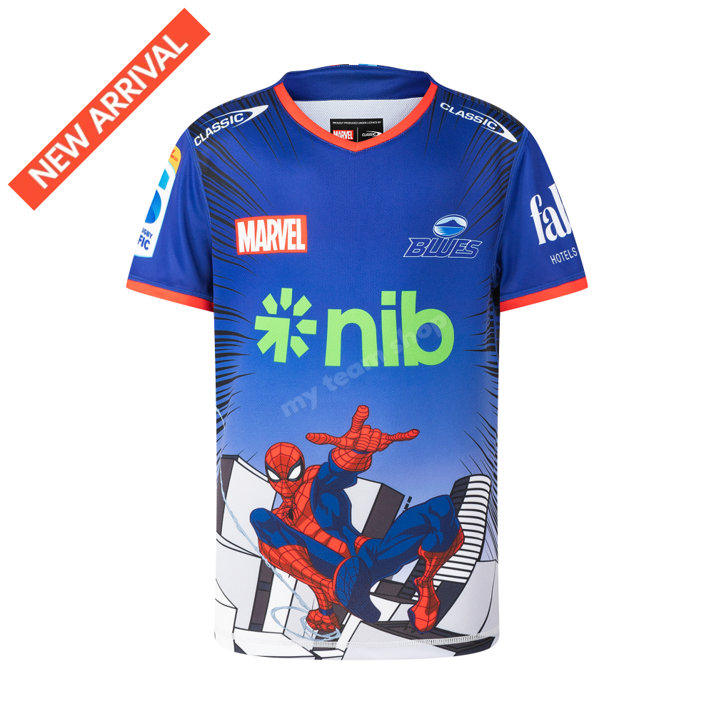 BLUES RUGBY SPIDERMAN YOUTH MARVEL WARM UP TEE Rugby Warm up Tee