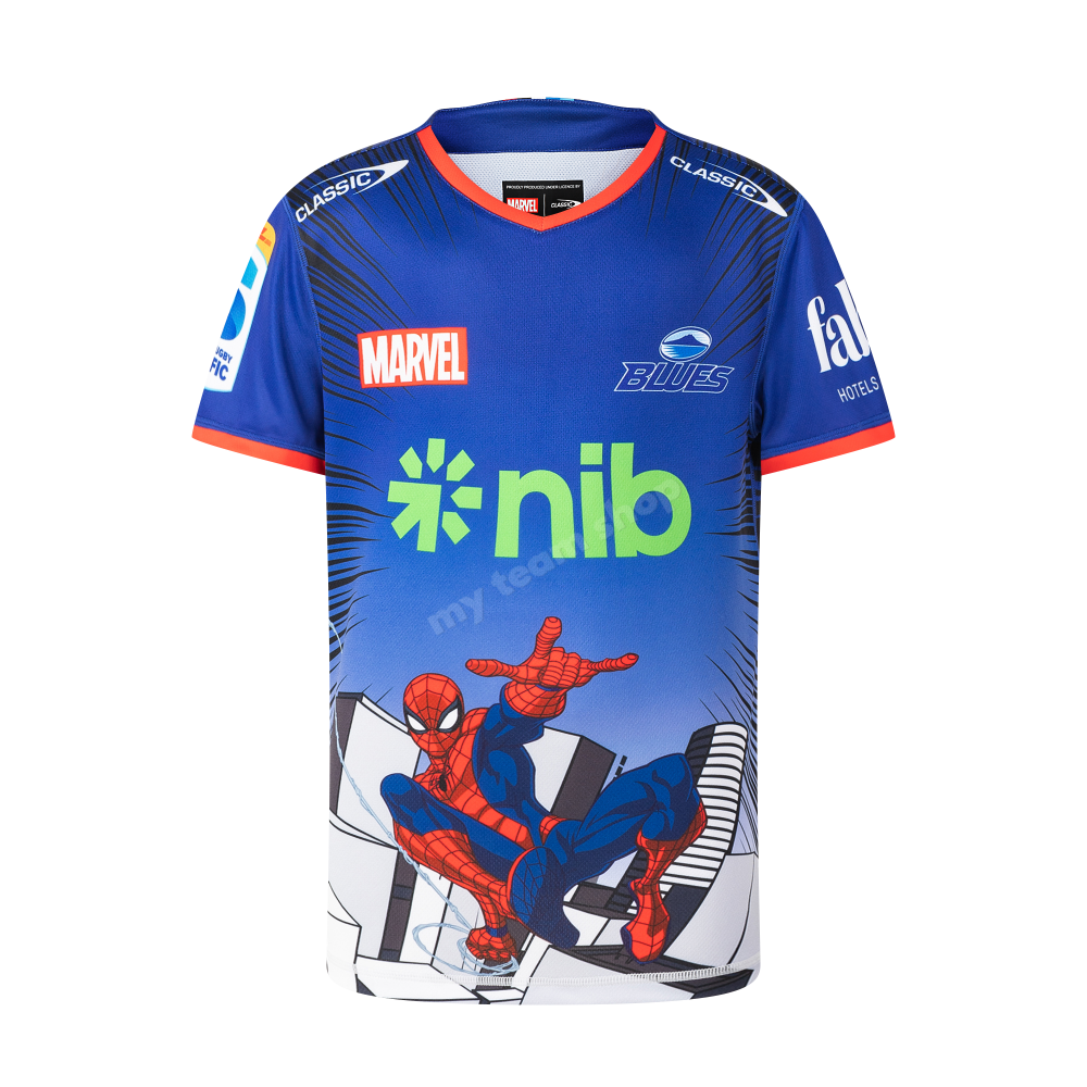 BLUES RUGBY SPIDERMAN YOUTH MARVEL WARM UP TEE Rugby Warm up Tee