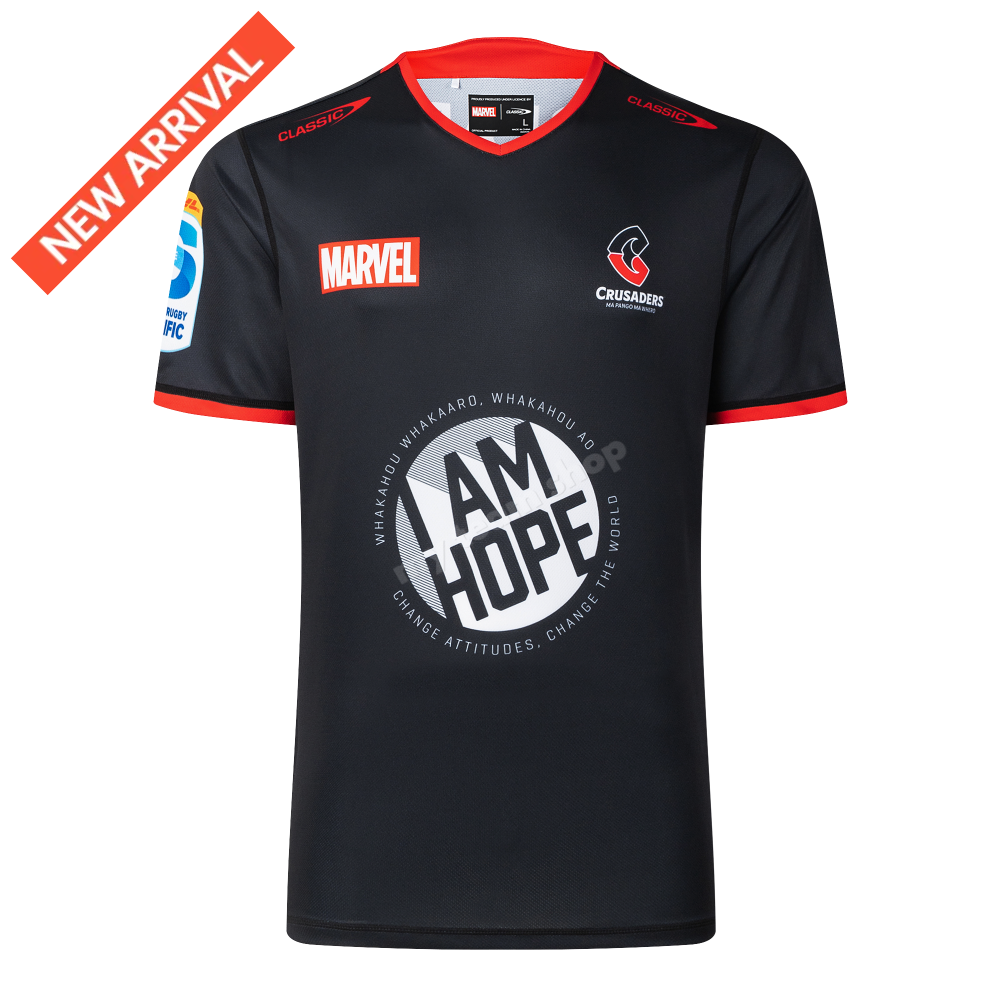 CRUSADERS RUGBY IRON MAN MARVEL WARM UP TEE Rugby Warm up Tee