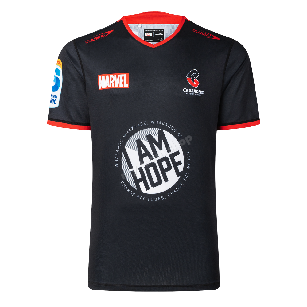 CRUSADERS RUGBY IRON MAN MARVEL WARM UP TEE Rugby Warm up Tee