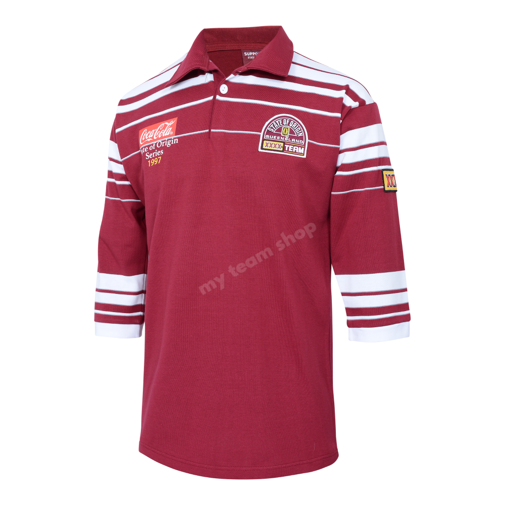 Qld State Of Origin 1997 Nrl Retro Jersey. Long Sleeve, Maroon with white stripes across upper chest, shoulders and cuffs. 