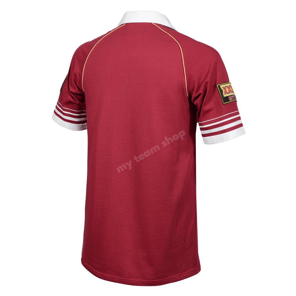 Qld State Of Origin 2006 NRL Retro Jersey. Maroon Jersey with four stripes across bottom of short sleeves